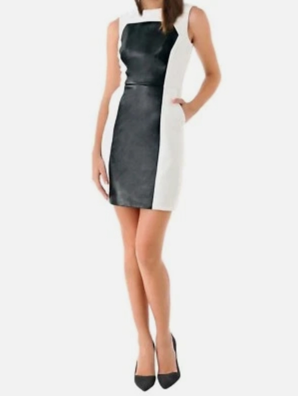 Milly of New York  Black and White Sleeveless Leather Colorblock  Dress